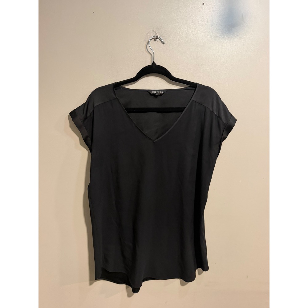 Express Black V-Neck Short Sleeve Satin Trim Blouse Top Medium